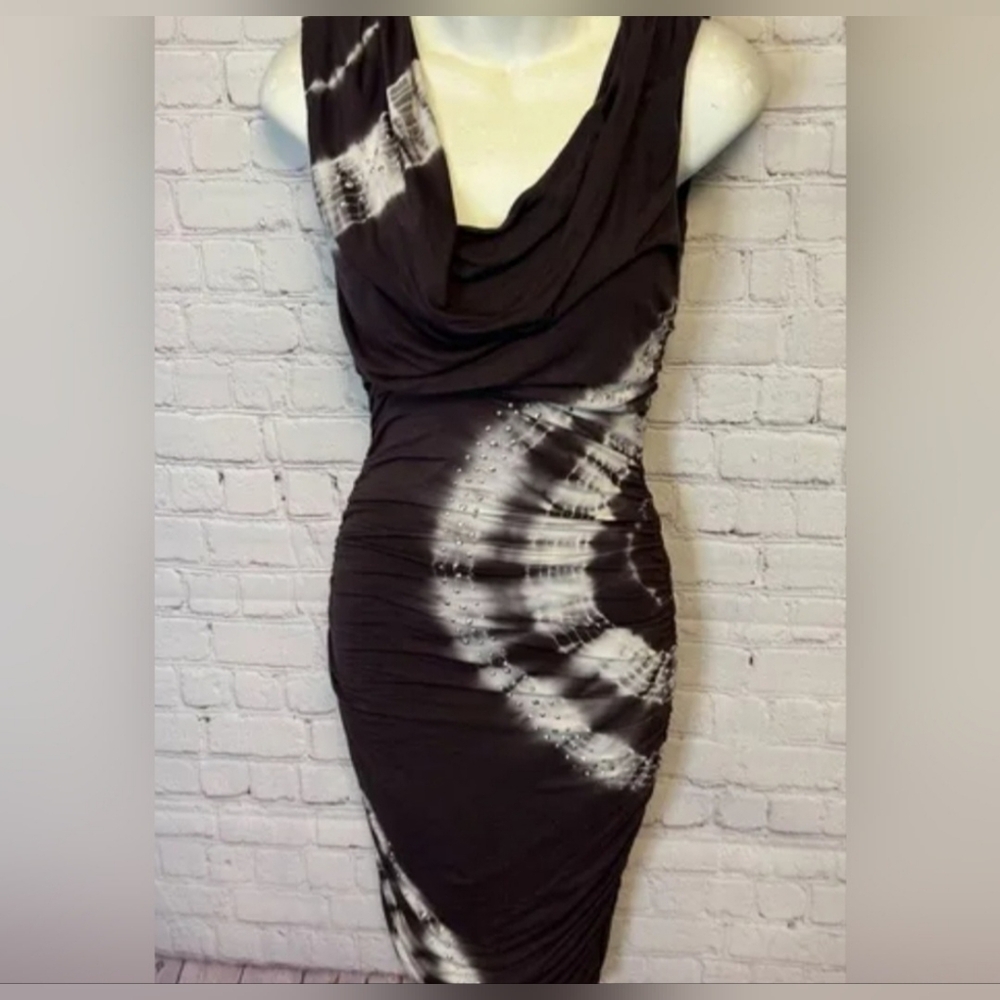 ✨ Never Worn Black & Gray Tie-Dye Ruched Crystal Midi Dress ✨ Sz Xs